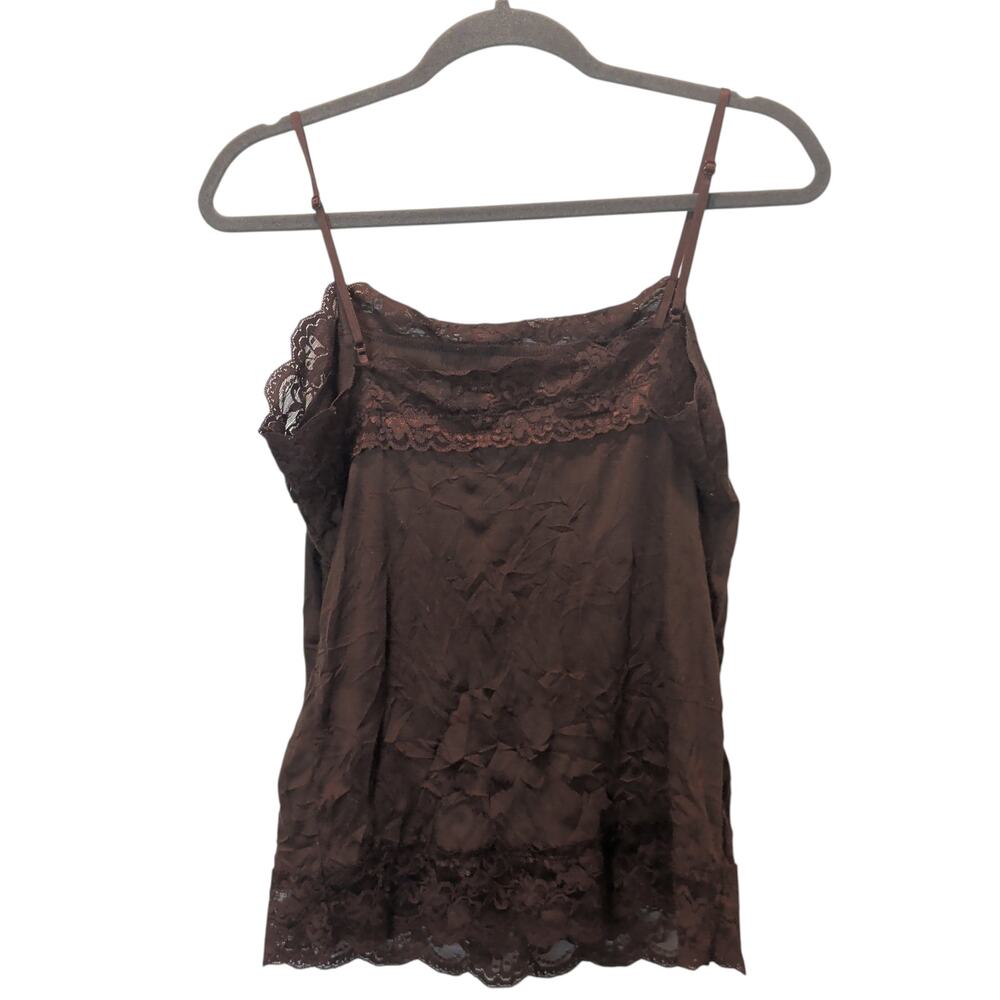 Vintage Y2K 90s Cocomo Sz L Brown Lace Trim Cami Tank Top Crinkle Layering - Picture 4 of 4